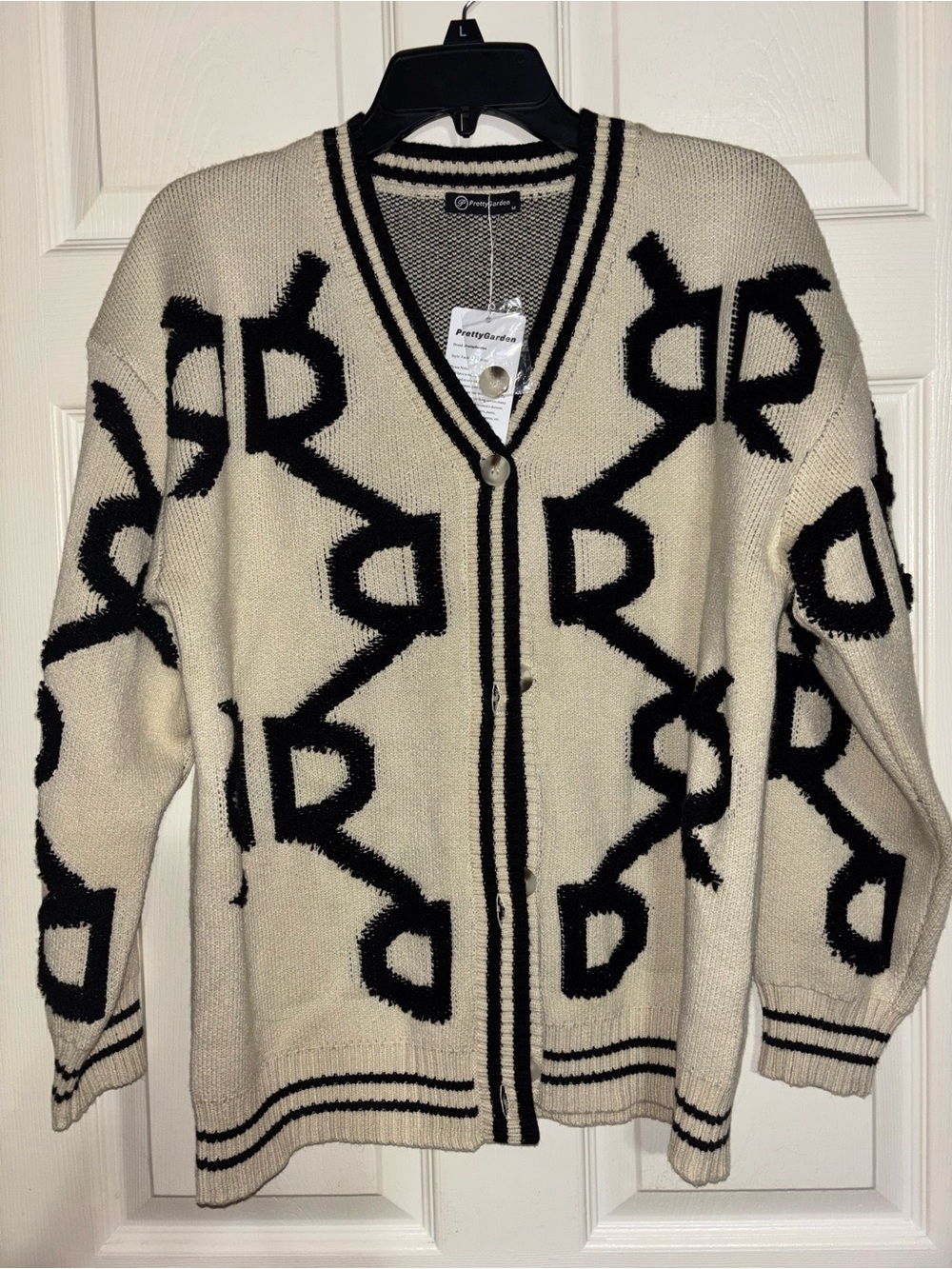 PrettyGarden Black and Ivory V‑Neck Knit Cardigan